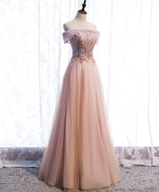 A-Line Off-the-Shoulder Floor-Length Blush Tulle Lace Prom Dress with Floral Appliqué