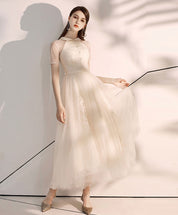 A-Line Peter Pan Collar Floor-Length Tulle Lace Homecoming Dress with Soft Pleated Bodice