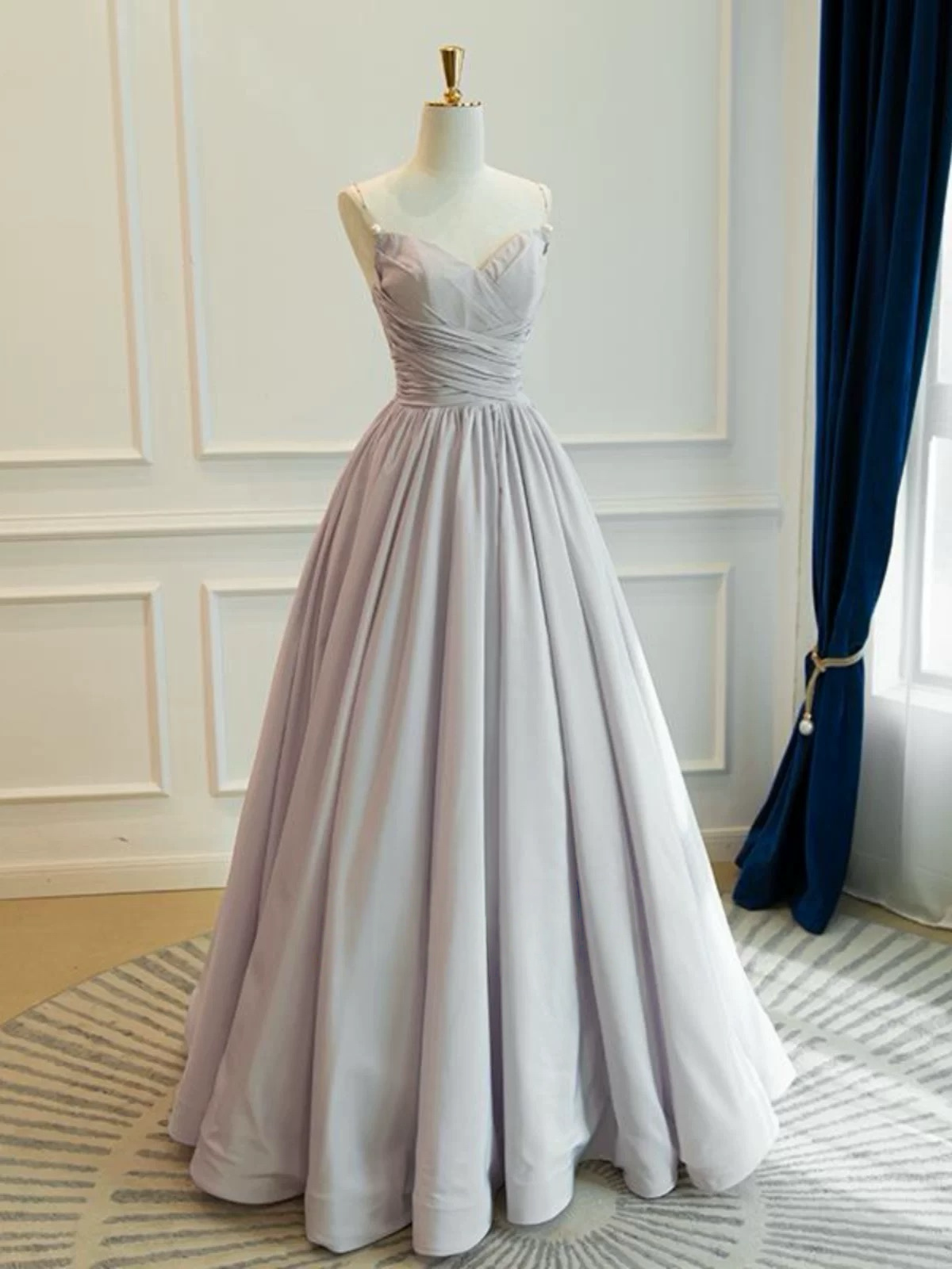 A-Line V Neck Taffeta Champagne Long Prom Dress, Champagne Long Evening Dress