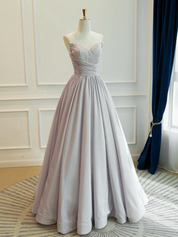 A-Line V Neck Taffeta Champagne Long Prom Dress, Champagne Long Evening Dress