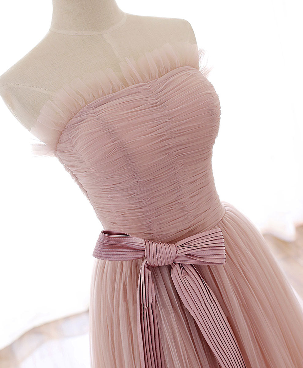 A-Line Strapless Floor-Length Blush Pink Tulle Prom Dress with Waist Bow Detail