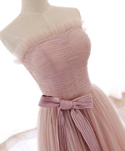 A-Line Strapless Floor-Length Blush Pink Tulle Prom Dress with Waist Bow Detail