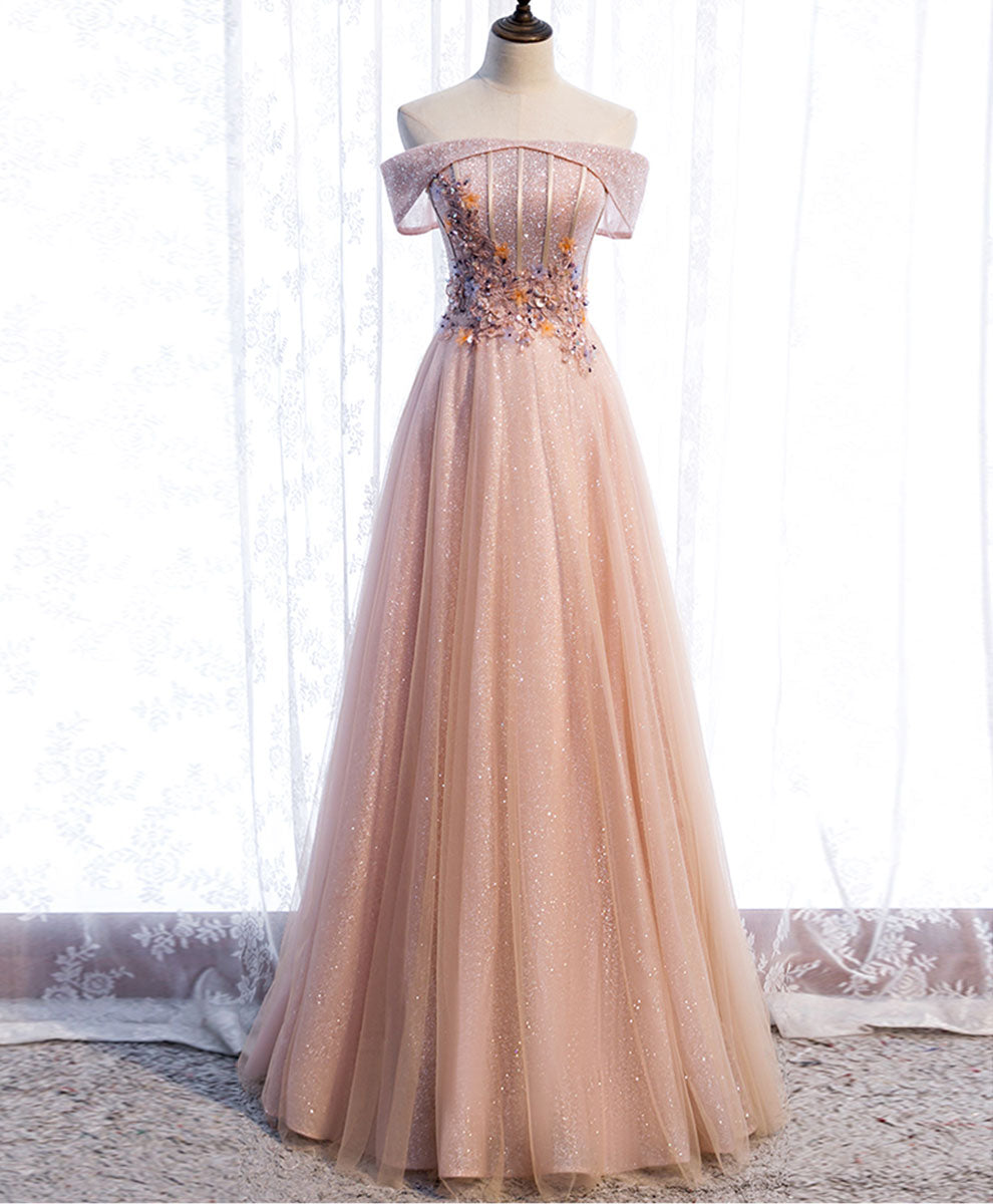 A-Line Off-the-Shoulder Floor-Length Blush Tulle Lace Prom Dress with Floral Appliqué
