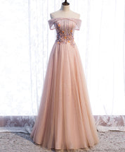 A-Line Off-the-Shoulder Floor-Length Blush Tulle Lace Prom Dress with Floral Appliqué