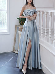 A-Line Off-the-Shoulder Floor-Length Light Blue Satin Prom Dress with Bow Detail and Front Slit