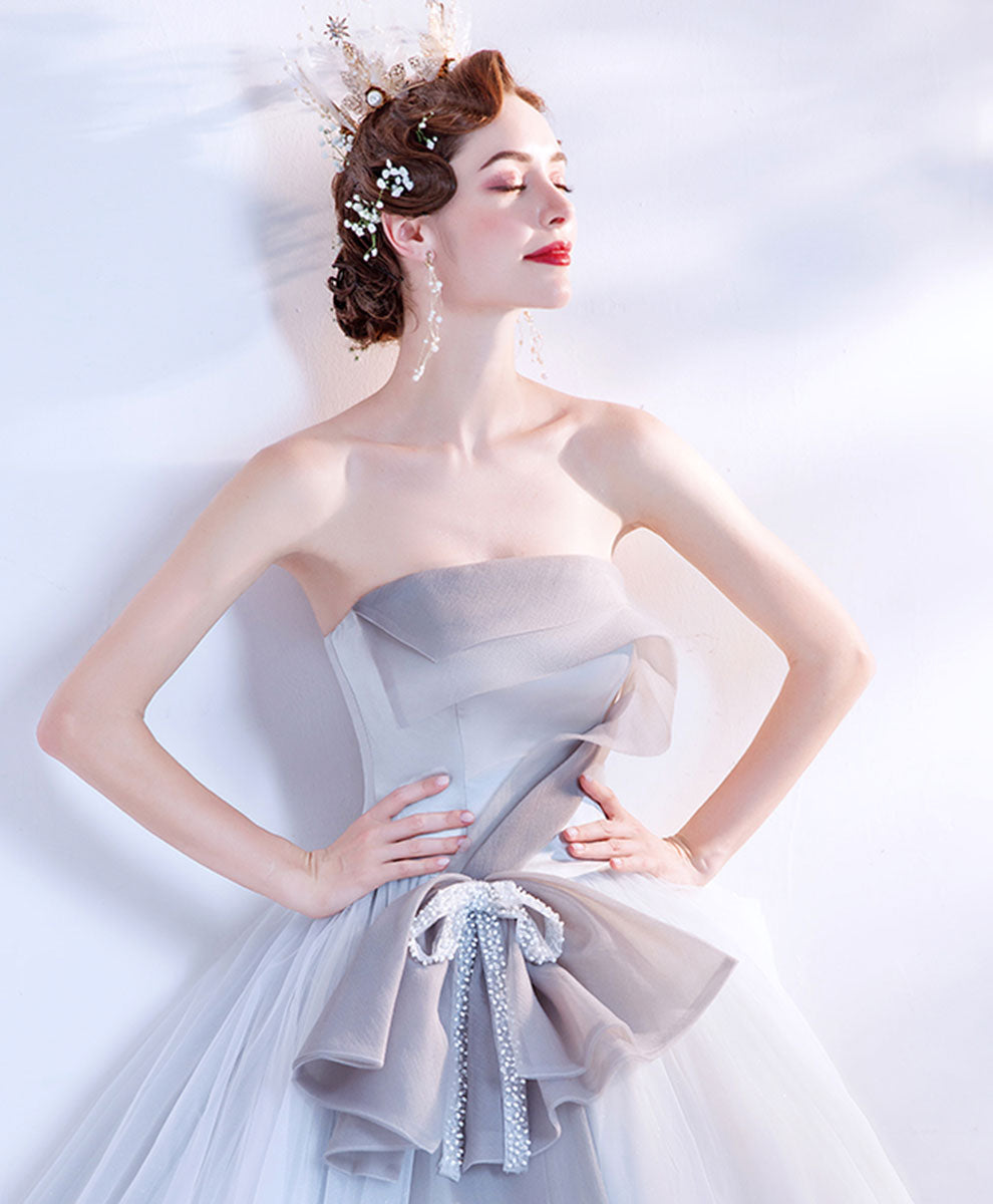 Ball Gown Ice Blue Strapless Floor-Length Tulle Prom Dress with Sculptural Bow Waist Detail