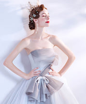 Ball Gown Ice Blue Strapless Floor-Length Tulle Prom Dress with Sculptural Bow Waist Detail