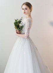 A-Line Illusion Round Neck Lace Wedding Dresses with Long Sleeves Soft Tulle Skirt and Chapel Train