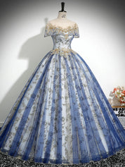A-Line Tulle Sequin Lace Blue Long Prom Dress with Lace-Up Back