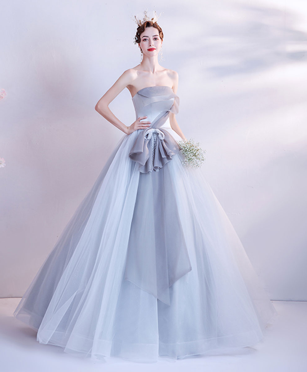 Ball Gown Ice Blue Strapless Floor-Length Tulle Prom Dress with Sculptural Bow Waist Detail