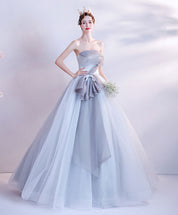 Ball Gown Ice Blue Strapless Floor-Length Tulle Prom Dress with Sculptural Bow Waist Detail