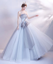 Ball Gown Ice Blue Strapless Floor-Length Tulle Prom Dress with Sculptural Bow Waist Detail