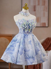 A-Line Straight Neckline Knee-Length Pink Tulle & Lace Floral Homecoming Dress