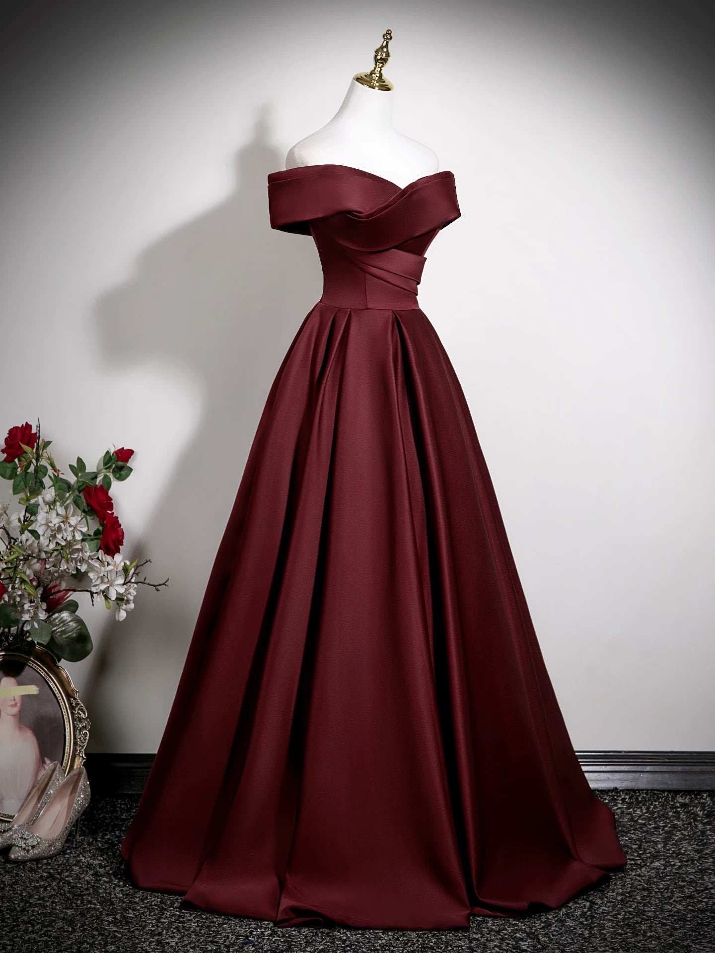 A-Line Off Shoulder Satin Burgundy Long Prom Dress, Burgundy Long Formal Dress