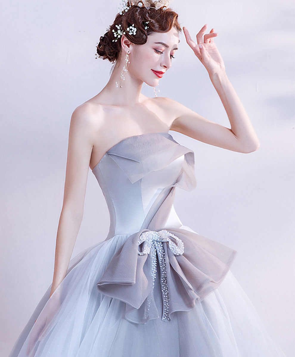 Ball Gown Ice Blue Strapless Floor-Length Tulle Prom Dress with Sculptural Bow Waist Detail