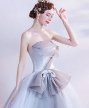 Ball Gown Ice Blue Strapless Floor-Length Tulle Prom Dress with Sculptural Bow Waist Detail
