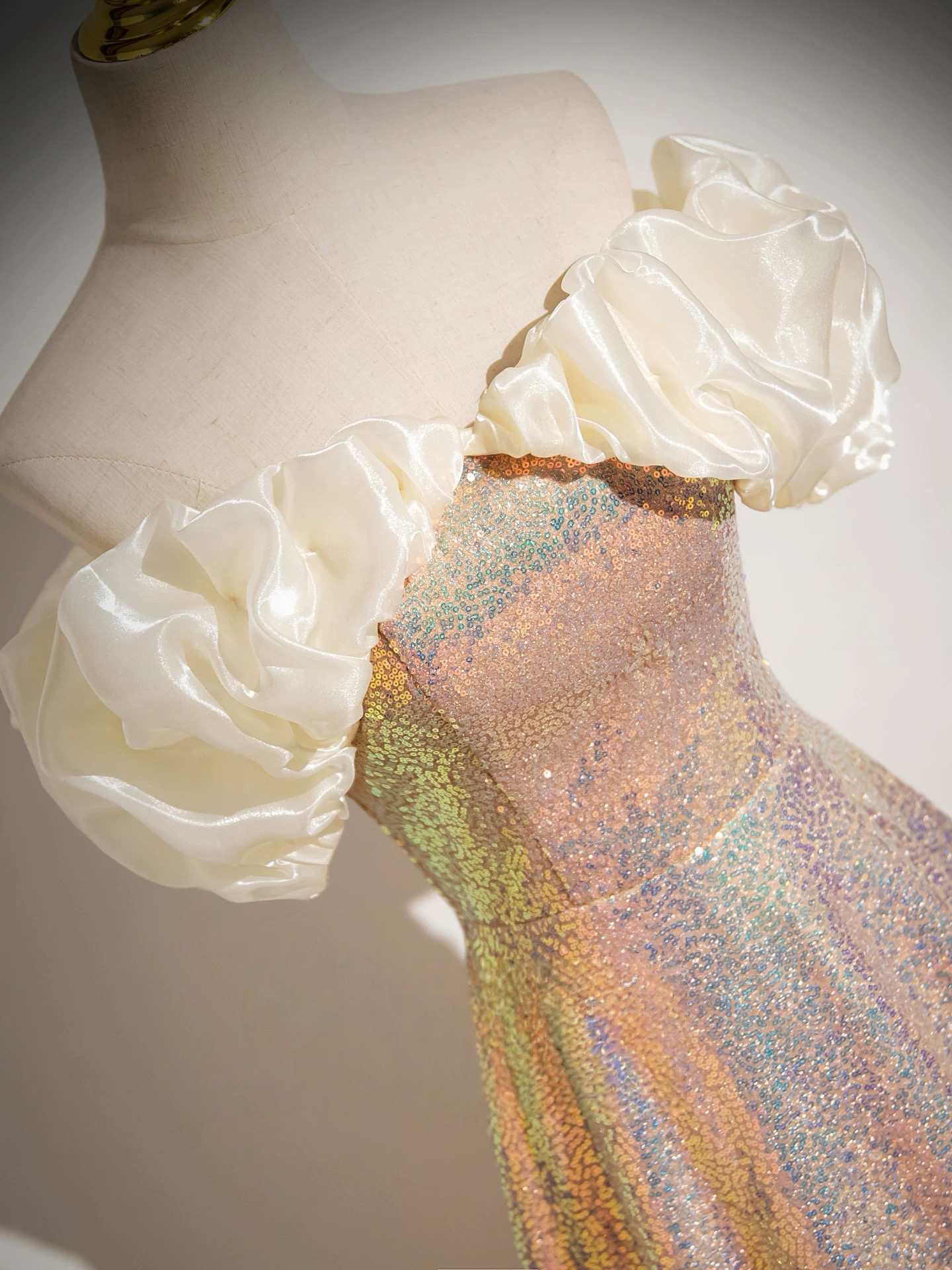 A-Line Off Shoulder Sequin Gold Pink Long Prom Dress, Sequin Evening Dress