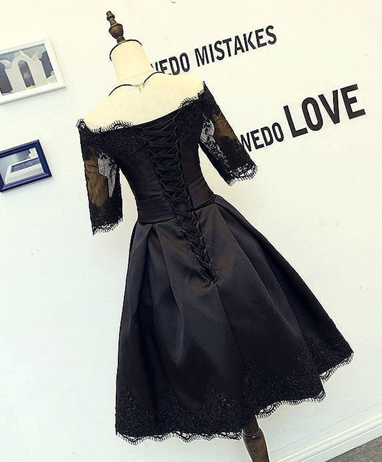 Elegant Off-The-Shoulder Lace Applique Satin Tea-Length Homecoming Dress With Half Sleeves & Lace-Up Back