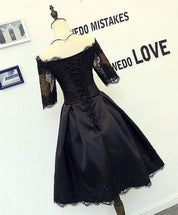 Elegant Off-The-Shoulder Lace Applique Satin Tea-Length Homecoming Dress With Half Sleeves & Lace-Up Back