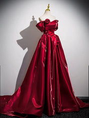 Ball Gown Straight Neck Floor-Length Water Satin Floral Prom Dress in Burgundy