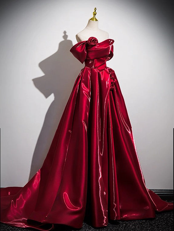 Ball Gown Straight Neck Floor-Length Water Satin Floral Prom Dress in Burgundy