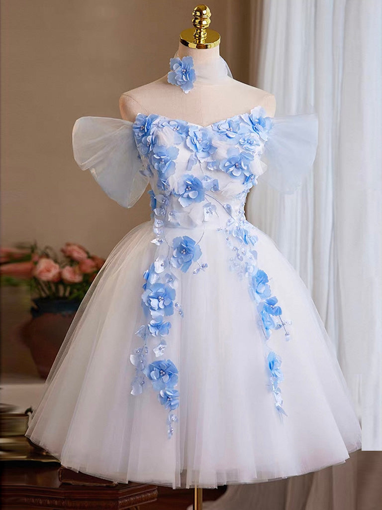 Off-Shoulder White Tulle Homecoming Dress with Blue 3D Floral Appliqués