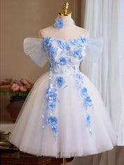 Off-Shoulder White Tulle Homecoming Dress with Blue 3D Floral Appliqués