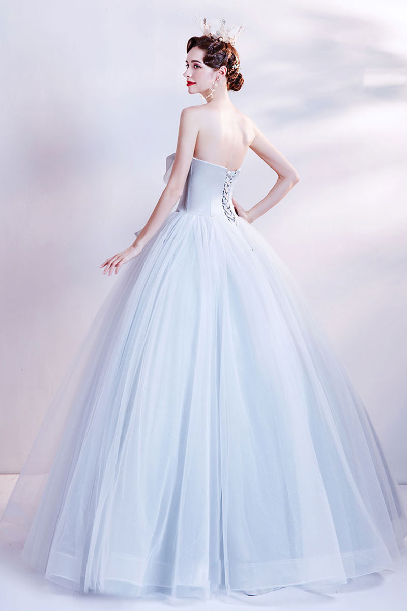 Ball Gown Ice Blue Strapless Floor-Length Tulle Prom Dress with Sculptural Bow Waist Detail