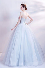Ball Gown Ice Blue Strapless Floor-Length Tulle Prom Dress with Sculptural Bow Waist Detail