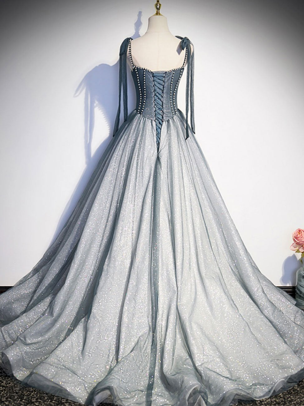 A-Line Dusty Blue Square Neck Floor-Length Tulle Prom Dress with Beaded Corset Bodice