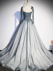 A-Line Dusty Blue Square Neck Floor-Length Tulle Prom Dress with Beaded Corset Bodice