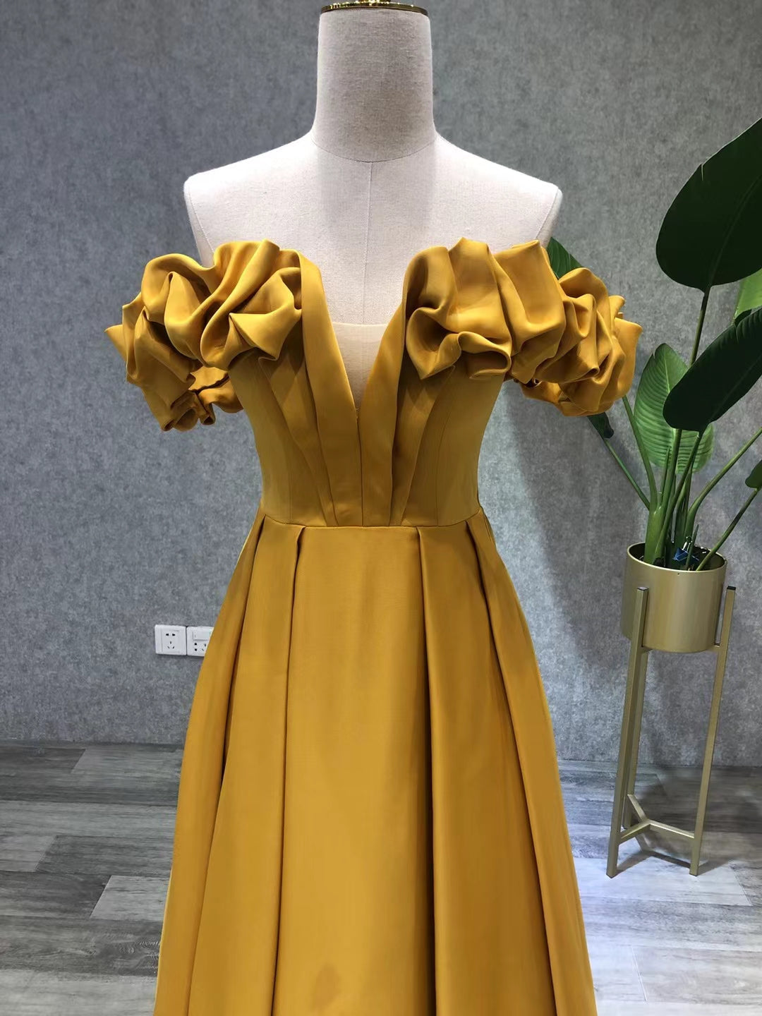 A-Line Off-the-Shoulder Floor-Length Mustard Satin Ruffled Sleeve Prom Dress