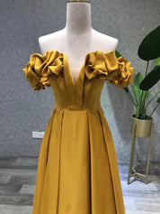 A-Line Off-the-Shoulder Floor-Length Mustard Satin Ruffled Sleeve Prom Dress
