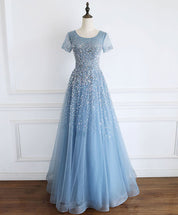 Short Sleeve A-Line Floor-Length Tulle Prom Dress with Sequin and Beads
