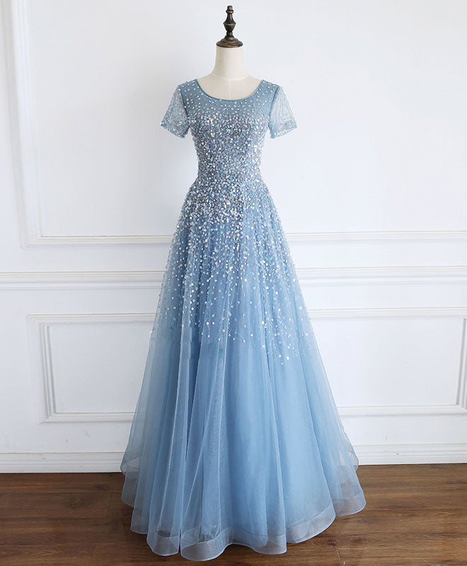 Short Sleeve A-Line Floor-Length Tulle Prom Dress with Sequin and Beads