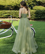 A-Line Sweetheart Neck Floor-Length Tulle Prom Dress in Sage Green