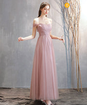 A-Line Blush Pink Off-the-Shoulder Floor-Length Tulle Prom Dress with Pleated Bodice