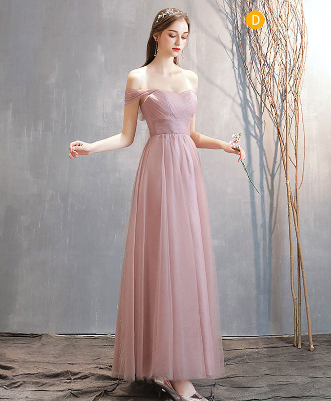 A-Line Blush Pink Off-the-Shoulder Floor-Length Tulle Prom Dress with Pleated Bodice