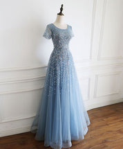 Short Sleeve A-Line Floor-Length Tulle Prom Dress with Sequin and Beads