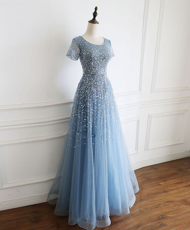 Short Sleeve A-Line Floor-Length Tulle Prom Dress with Sequin and Beads