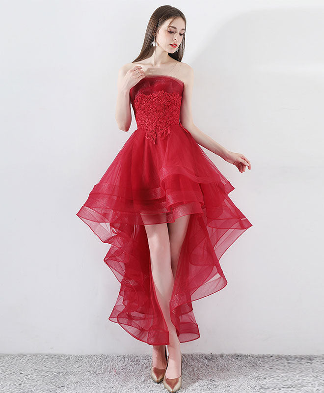 A-Line Strapless High-Low Red Tulle Homecoming Dress with Lace Bodice & Layered Ruffle Skirt