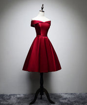 Off-Shoulder Sweetheart Satin Knee-Length Burgundy Homecoming Dress