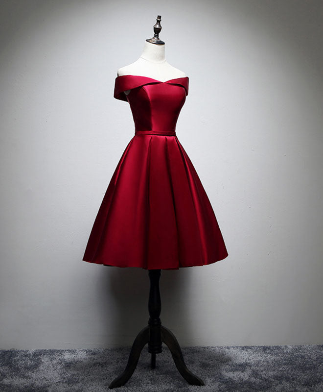Off-Shoulder Sweetheart Satin Knee-Length Burgundy Homecoming Dress