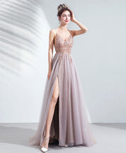 A-line V Neck Floor-Length Tulle Sequin Beaded Prom Dress with High Slit