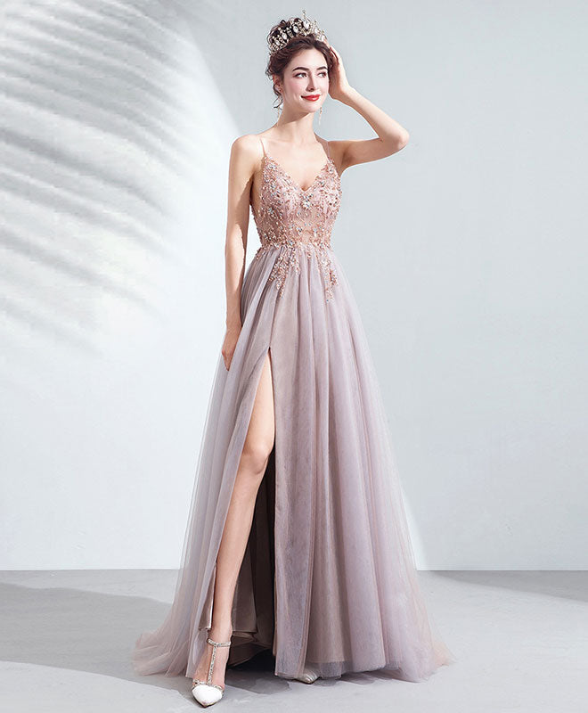 A-line V Neck Floor-Length Tulle Sequin Beaded Prom Dress with High Slit