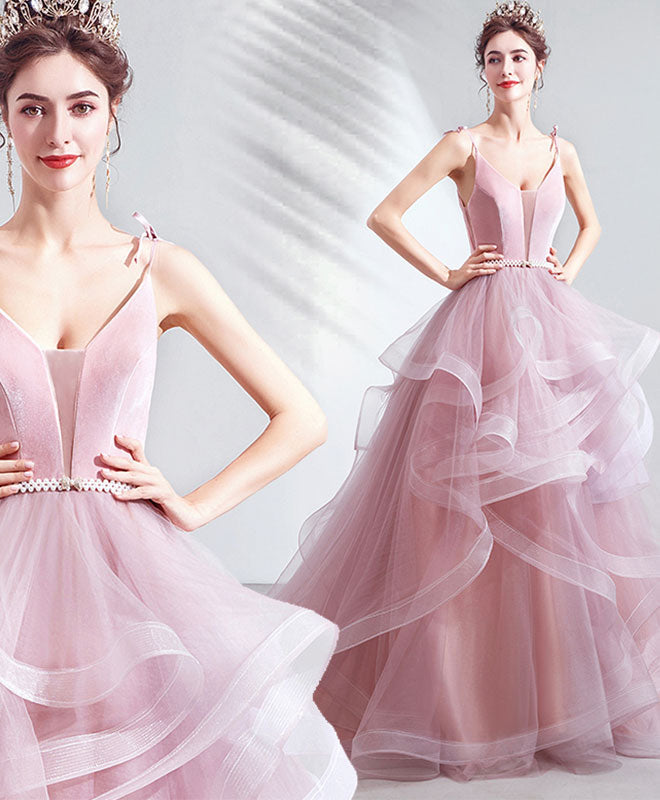 A-Line Spaghetti Straps Floor-Length Tulle Prom Dress with Ruffled Skirt
