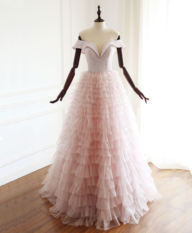 A-line Off-the-Shoulder Sweetheart Floor-Length Tulle Tiered Ruffle Prom Dress