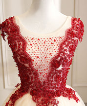 Ball Gown Ivory Illusion Neck Floor-Length Tulle Dress with Red Lace Appliqué Prom Dress