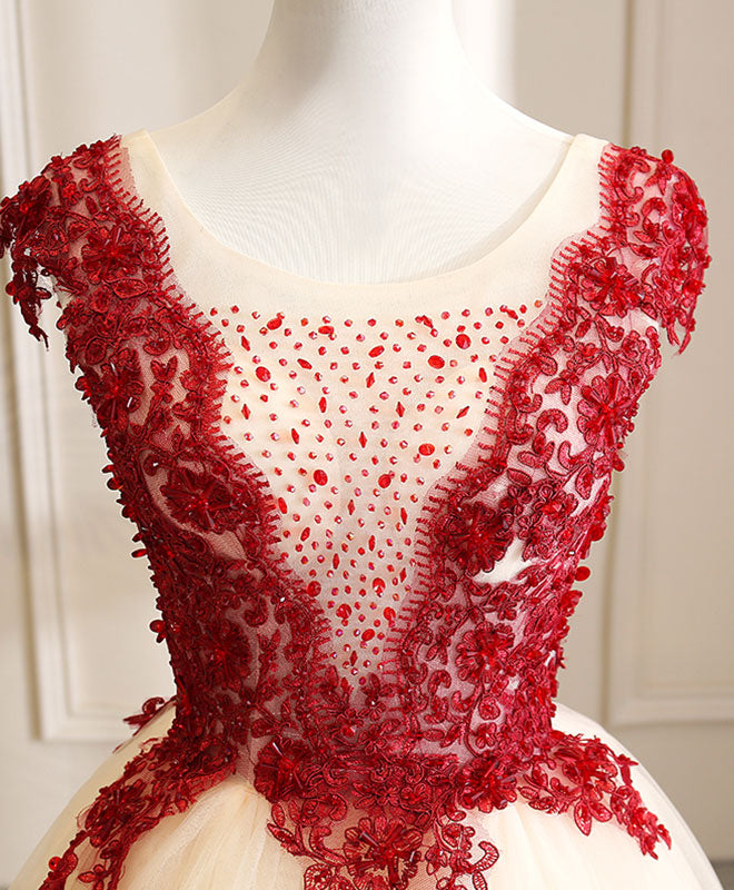 Ball Gown Ivory Illusion Neck Floor-Length Tulle Dress with Red Lace Appliqué Prom Dress