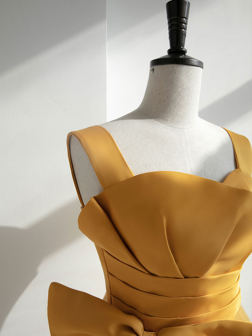 Mustard A-Line Square Neck Floor-Length Satin & Tulle Prom Dress with Oversized Bow Detail